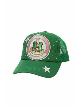 AKA Rhinestone Embellished Trucker Hat Green Adjustable Snapback